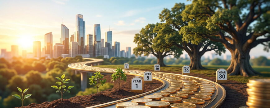 A winding road made of golden coins symbolizing long-term wealth creation through SIP in Mutual Funds leading towards a prosperous city skyline under a sunrise.