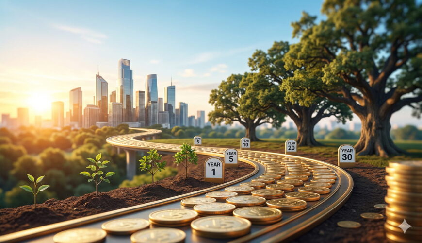 A winding road made of golden coins symbolizing long-term wealth creation through SIP in Mutual Funds leading towards a prosperous city skyline under a sunrise.