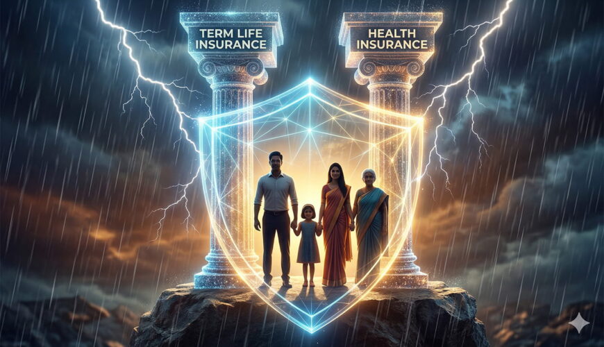 A stylized Indian family protected by a glowing geometric shield under twin classical pillars labeled "TERM LIFE INSURANCE" and "HEALTH INSURANCE," deflecting stormy weather.