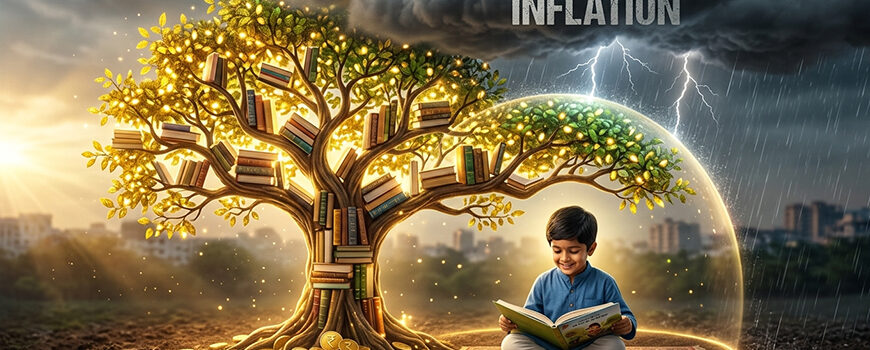 A conceptual image showing a glowing tree made of books growing from golden coins, protecting a reading child from the dark clouds of education inflation, symbolizing Mutual Fund SIPs.
