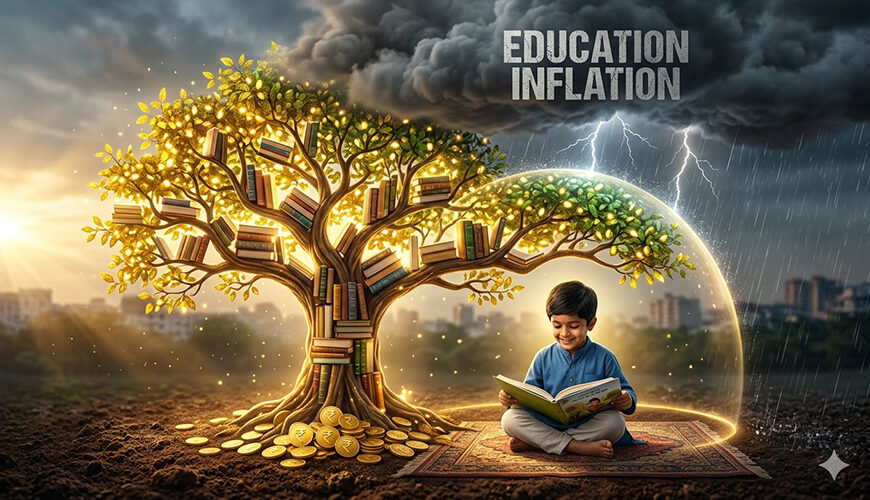 A conceptual image showing a glowing tree made of books growing from golden coins, protecting a reading child from the dark clouds of education inflation, symbolizing Mutual Fund SIPs.