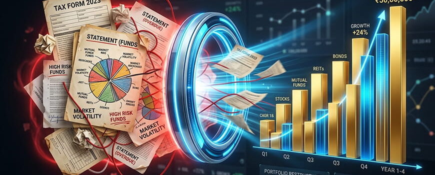 Conceptual image showing messy financial documents passing through a glowing digital scanner and transforming into a perfectly organized, growing golden bar chart, representing the power of an investment portfolio review.