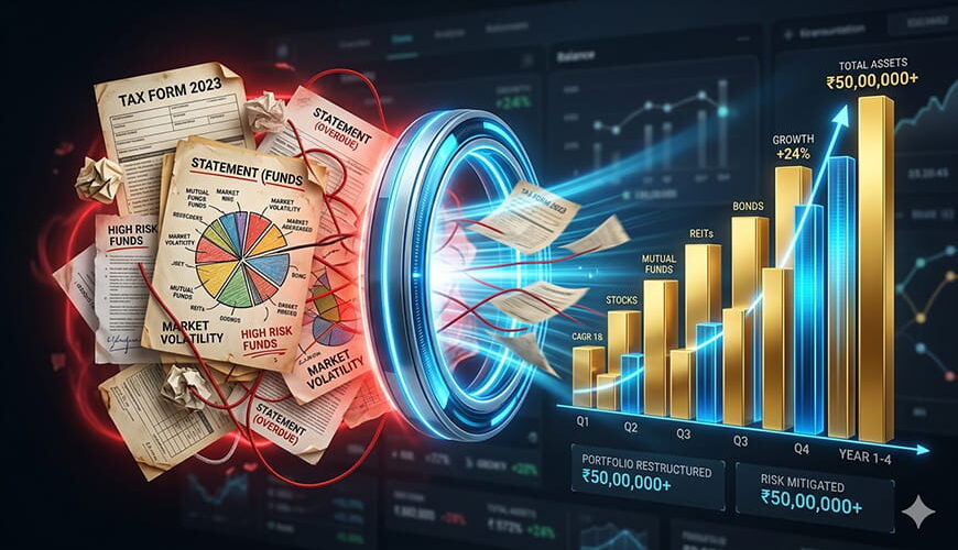 Conceptual image showing messy financial documents passing through a glowing digital scanner and transforming into a perfectly organized, growing golden bar chart, representing the power of an investment portfolio review.