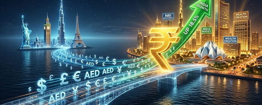 A glowing digital bridge connecting global landmarks to a vibrant Indian cityscape, with global currencies transforming into Indian Rupees and rising upward arrows, symbolizing high-growth NRI mutual fund investments in India.