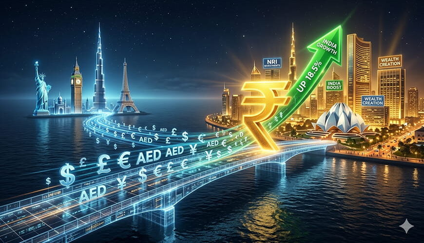 A glowing digital bridge connecting global landmarks to a vibrant Indian cityscape, with global currencies transforming into Indian Rupees and rising upward arrows, symbolizing high-growth NRI mutual fund investments in India.