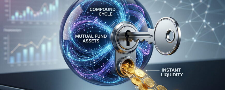 A close-up view of a metallic silver key unlocking a transparent digital sphere containing 'MUTUAL FUND ASSETS', causing golden coins representing 'INSTANT LIQUIDITY' to pour out while the assets stay invested.