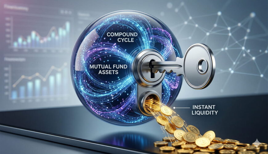 A close-up view of a metallic silver key unlocking a transparent digital sphere containing 'MUTUAL FUND ASSETS', causing golden coins representing 'INSTANT LIQUIDITY' to pour out while the assets stay invested.
