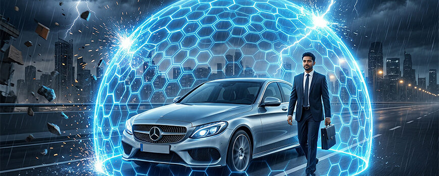 A modern car and a professional man protected by a glowing blue hexagonal energy shield deflecting falling debris, representing comprehensive vehicle and personal accident insurance.