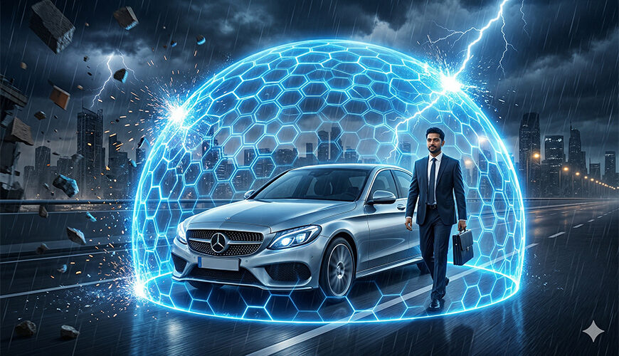 A modern car and a professional man protected by a glowing blue hexagonal energy shield deflecting falling debris, representing comprehensive vehicle and personal accident insurance.
