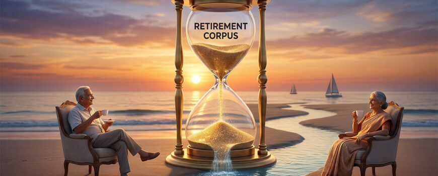 An elderly Indian couple relaxes in beach armchairs next to a large hourglass transforming golden sand into a tranquil river labeled "REGULAR MONTHLY INCOME" during sunset, symbolizing a secure retirement.