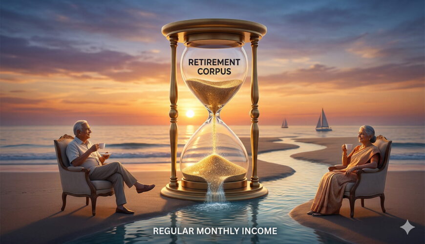 An elderly Indian couple relaxes in beach armchairs next to a large hourglass transforming golden sand into a tranquil river labeled "REGULAR MONTHLY INCOME" during sunset, symbolizing a secure retirement.