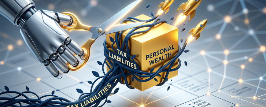 A conceptual illustration of a sleek robotic hand using glowing shears to trim dark blue 'TAX LIABILITIES' vines from a radiant golden cube representing 'PERSONAL WEALTH'.