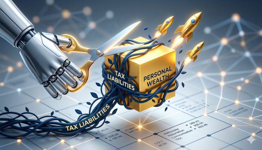 A conceptual illustration of a sleek robotic hand using glowing shears to trim dark blue 'TAX LIABILITIES' vines from a radiant golden cube representing 'PERSONAL WEALTH'.
