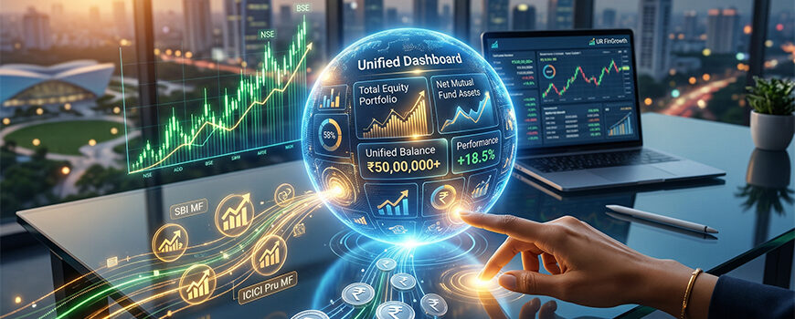 A futuristic glass desk with a glowing holographic sphere where multiple digital data streams of stocks, mutual funds, and coins merge into one unified dashboard, representing a single trading account.