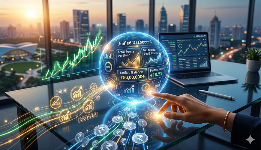 A futuristic glass desk with a glowing holographic sphere where multiple digital data streams of stocks, mutual funds, and coins merge into one unified dashboard, representing a single trading account.