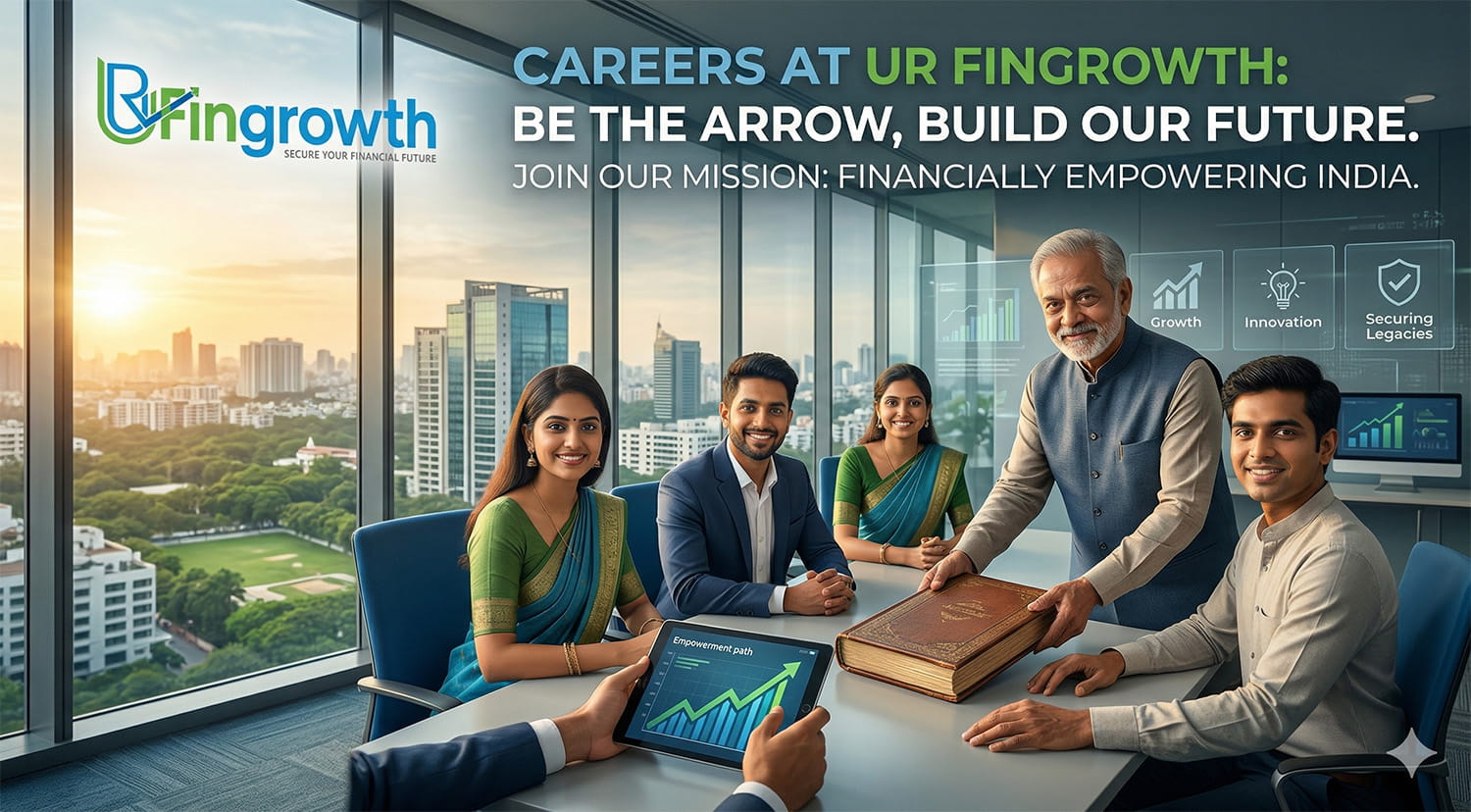 A professional career page banner showing a diverse team of Indian financial advisors, including three women in saris and two men in suits, collaborating at a meeting table in a modern Vadodara office during sunset. An elder leader is presenting a legacy book to younger staff. The scene embodies the 'UR FinGrowth' mission of financial empowerment in India. Visible text reads 'CAREERS AT UR FINGROWTH: BE THE ARROW, BUILD OUR FUTURE. JOIN OUR MISSION: FINANCIALLY EMPOWERING INDIA.' and shows icons for 'Growth', 'Innovation', and 'Securing Legacies