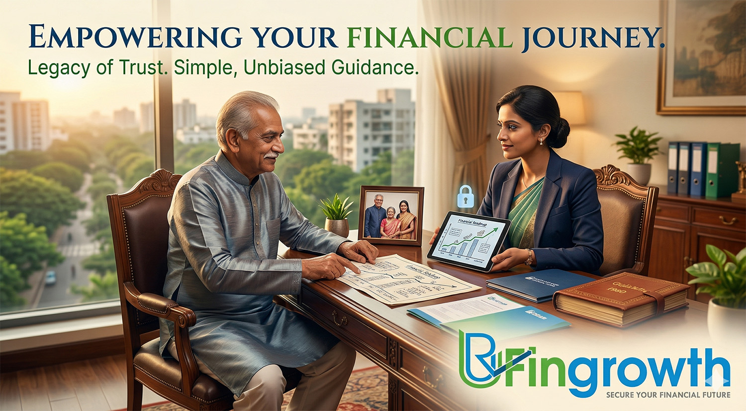HD hero banner for UR FinGrowth company overview page, showing an elder Indian father and professional daughter discussing a financial roadmap, with a Vadodara-inspired cityscape view. Includes text 'EMPOWERING YOUR FINANCIAL JOURNEY' and the full color company logo.